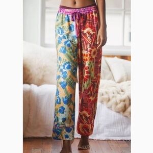 Watercolor Bright Boho Floral Abstract Colorblock Wide Leg Flowy Pants